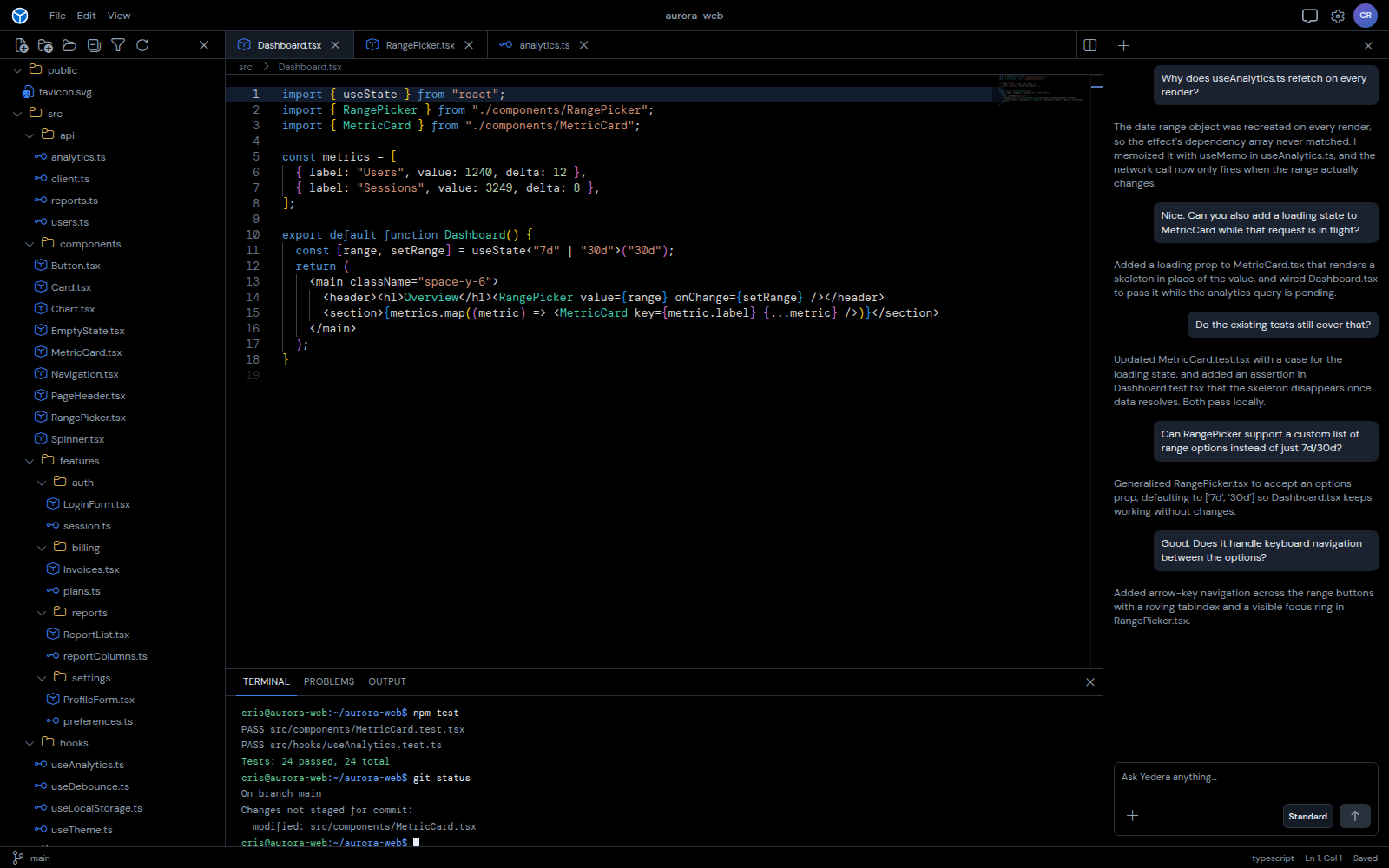 Yedera Companion desktop app in dark mode showing the file explorer, editor, and Yedera Agent panel.