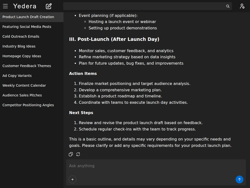 Yedera Chat interface in dark mode showing the same long-form conversational workflow.