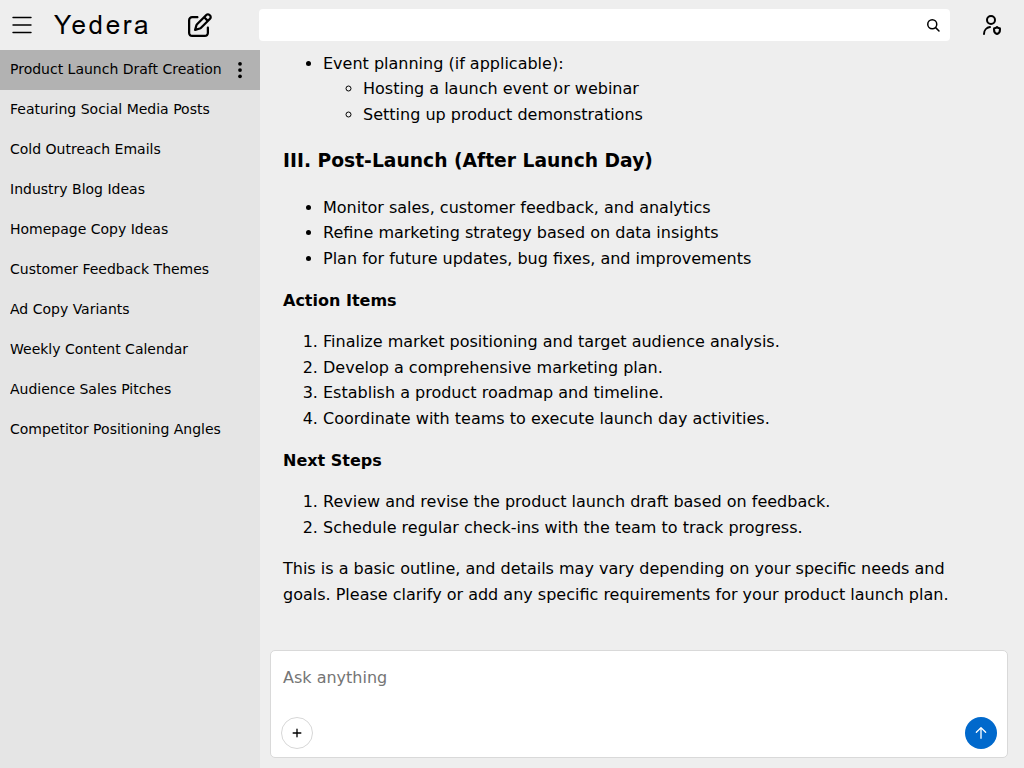 Yedera Chat interface showing a longer conversation with structured responses and contextual continuity.